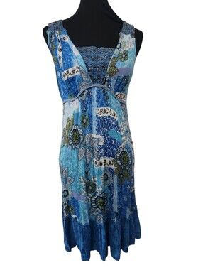Vintage Sun Dress Size Medium Forbidden Blue Sleeveless Knee Boho Hippie